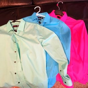 J. Farrar dress shirts 2-m 1-L.  All fit the same.  Slim/untra slim fit